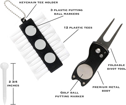 Golf Accessories Gift Set - Golf Towel, Golf Club Brush with Groove Cleaner, Foldable Divot Repair Tool with Ball Marker, Golf Ball Marker and Golf Tee Holder - Golf Club Cleaning Kit