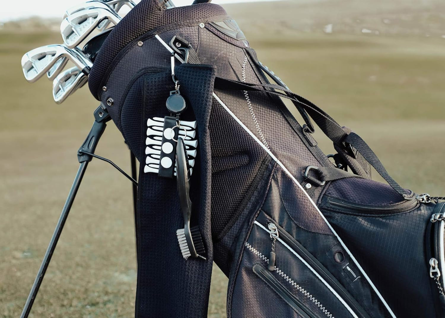 Golf Accessories Gift Set - Golf Towel, Golf Club Brush with Groove Cleaner, Foldable Divot Repair Tool with Ball Marker, Golf Ball Marker and Golf Tee Holder - Golf Club Cleaning Kit