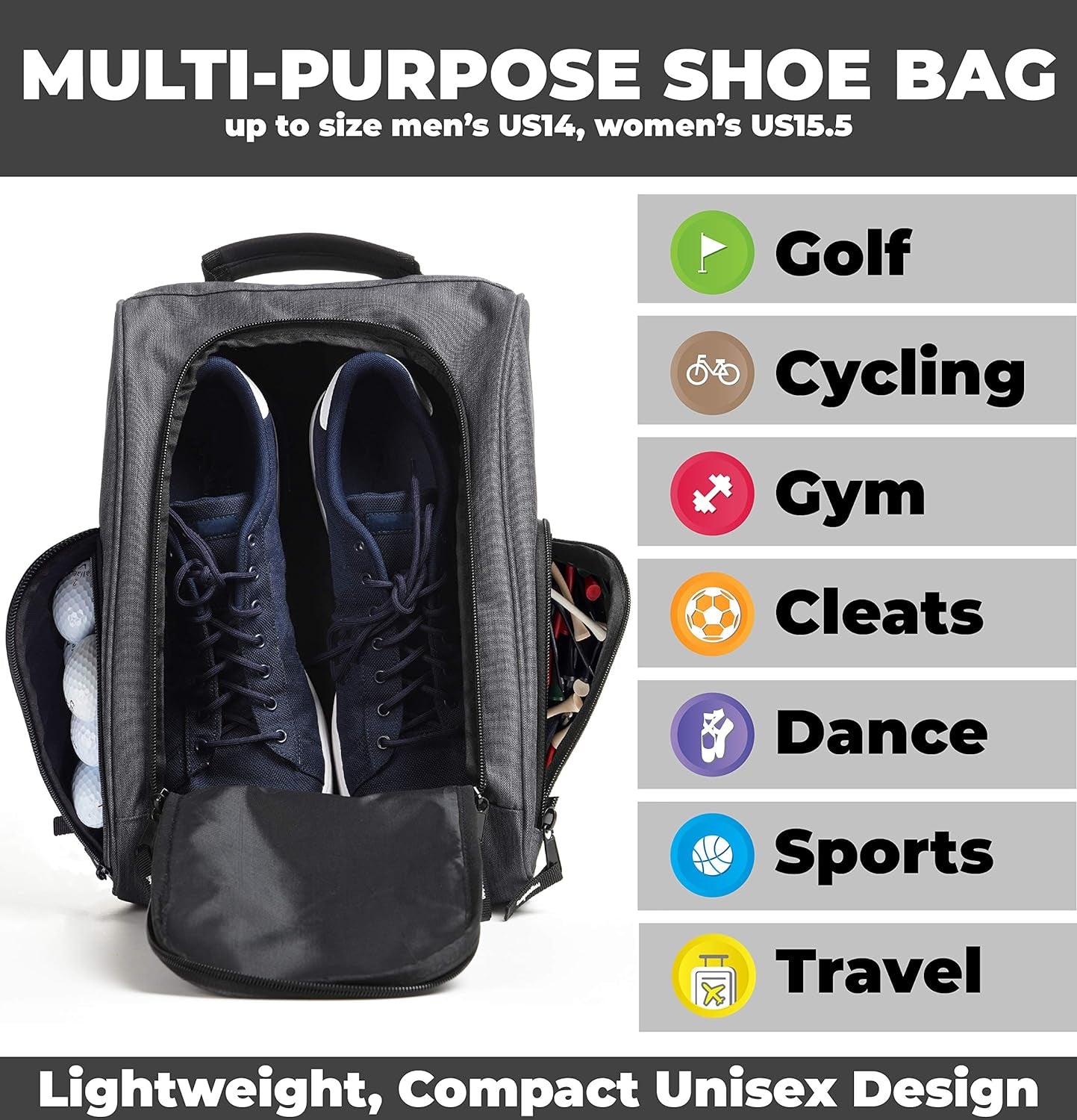 Golf Shoe Bag - Zippered Shoe Carrier Bags with Ventilation & outside Pocket for Socks, Tees, Etc. (Gray)